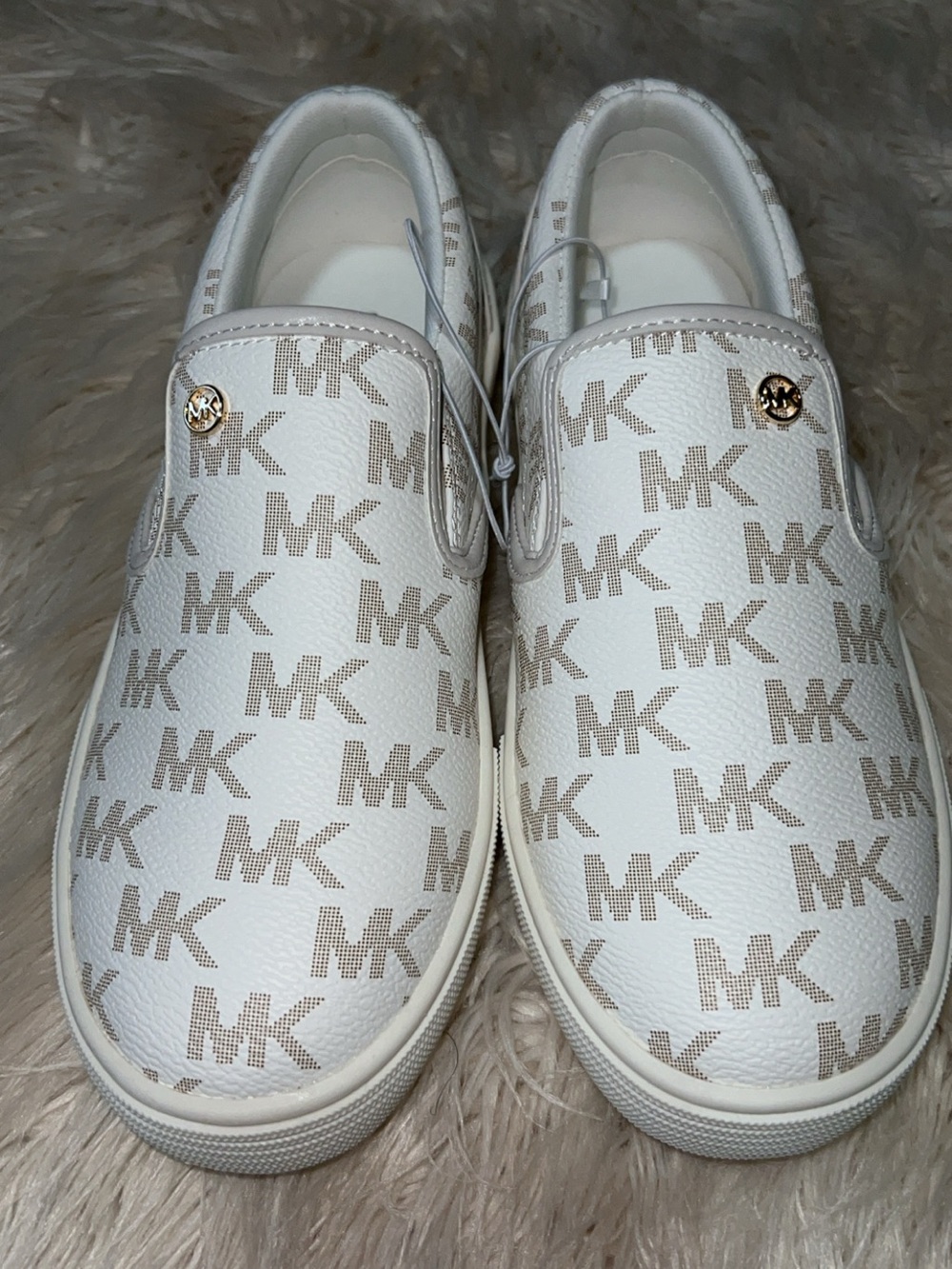 Michael Kors White & Beige MK Logo Slip-On Sneakers for Kids